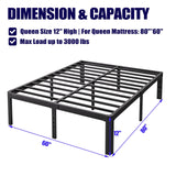 Hunlostten 12" High Queen Bed Frame No Box Spring Needed, Heavy Duty Metal Platform Bed Frame Queen Size with Round Corners, Easy Assembly, Noise Free, Black Hunlostten