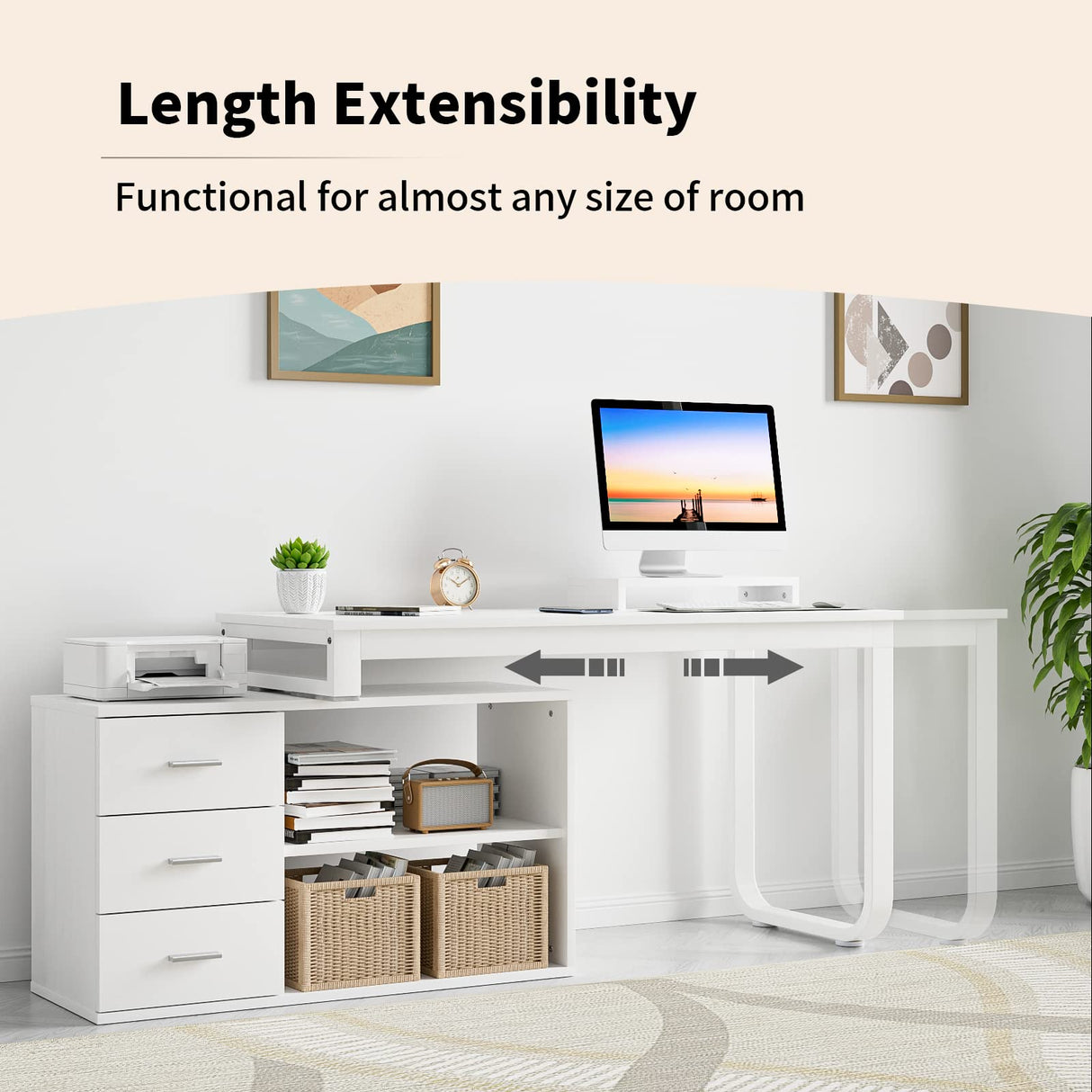 HOMBCK White Desk with Drawers and Shelves,Long Desk L Shaped Desk with Storage and Removable Monitor Stand for Home Office, Corner Desk Executive Desk for Bedroom HOMBCK