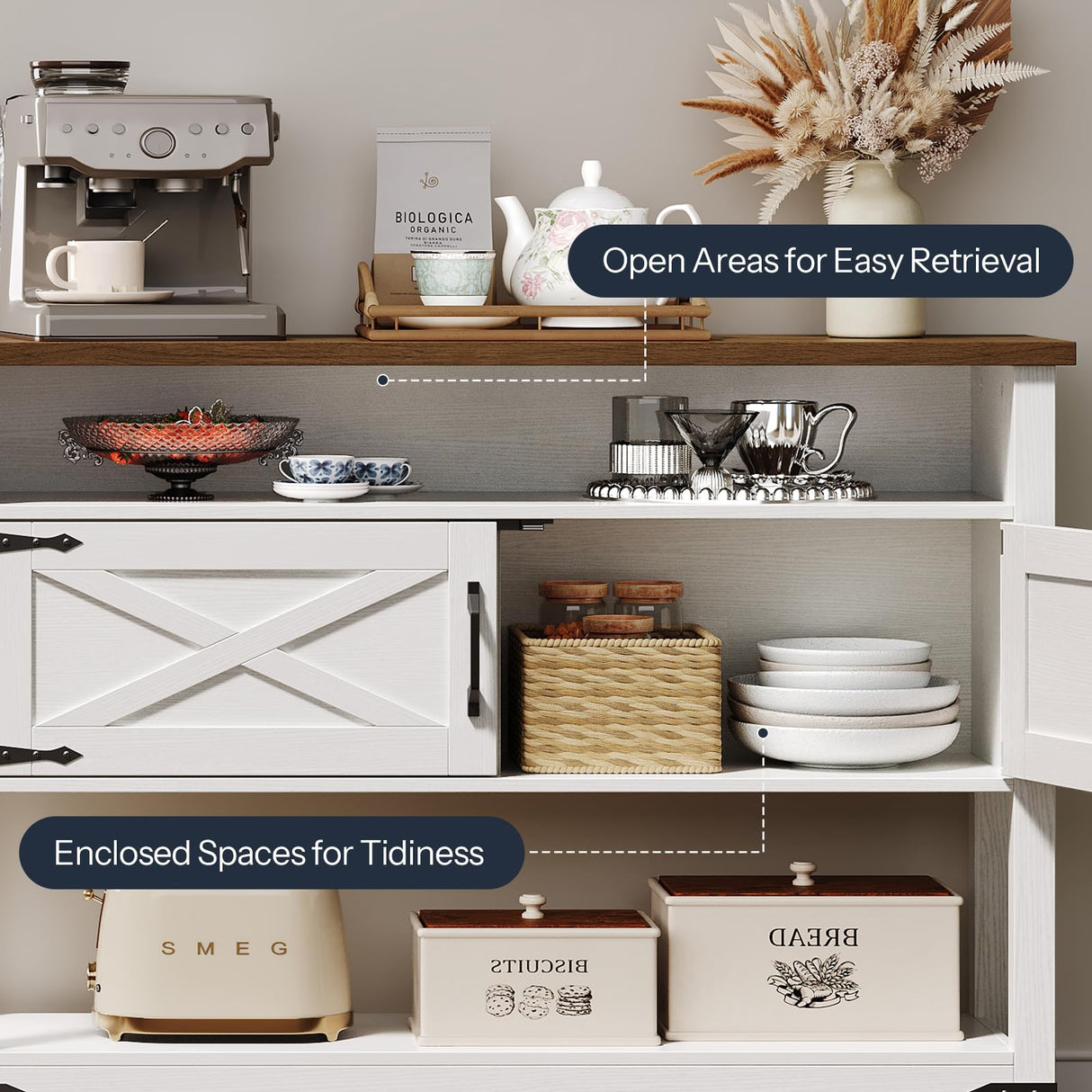 HOOBRO Farmhouse Entryway Table with Storage, 47.2" Long Console Table for Entryway, White Sofa Table with Doors and Cabinets, Narrow Sofa Table Behind Couch, for Hallway, Foyer, White and Walnut HOOBRO