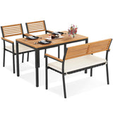 Toolsempire 4 Pieces Patio Dining Table Set, Outdoor Rectangle Table w/Loveseat & 2 Stackable Chairs, Cushions, Umbrella Hole, Acacia Wood Armrests & Tabletop, Dinette Furniture for Backyard Garden Toolsempire