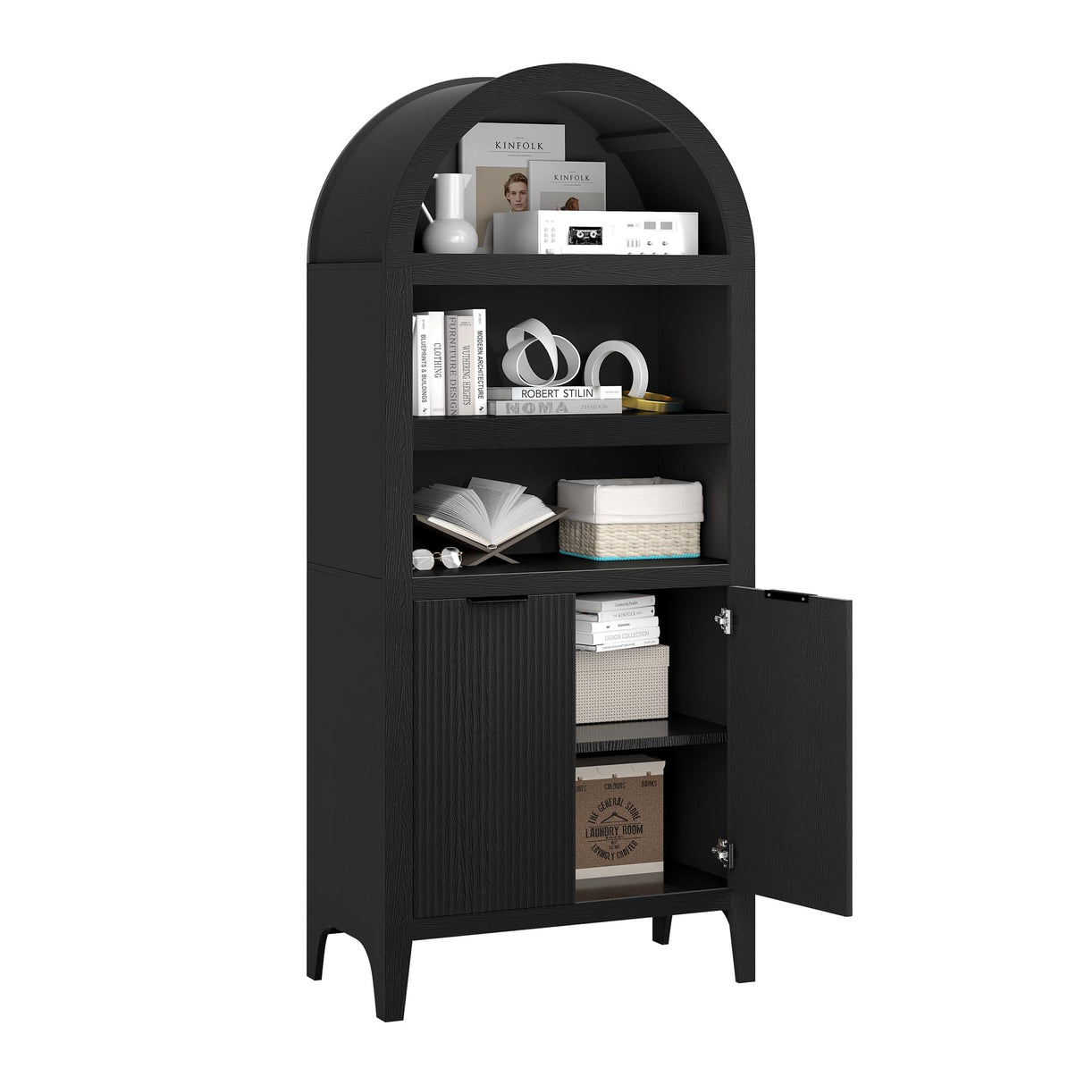 Arched Cabinet Bookshelf Black Arch Bookcase with Doors, Wooden Curved Book Case 5-Tier Tall Round Top Bookshelves for Living Room blini