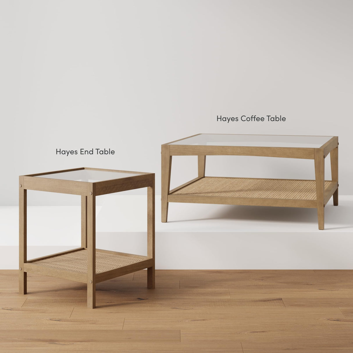 Nathan James Hayes Glass Top Coffee Table, Solid Wood Coffee Table with Glass Top and Rattan Bottom Shelf, Light Brown Nathan James