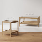 Nathan James Hayes Glass Top Coffee Table, Solid Wood Coffee Table with Glass Top and Rattan Bottom Shelf, Light Brown Nathan James