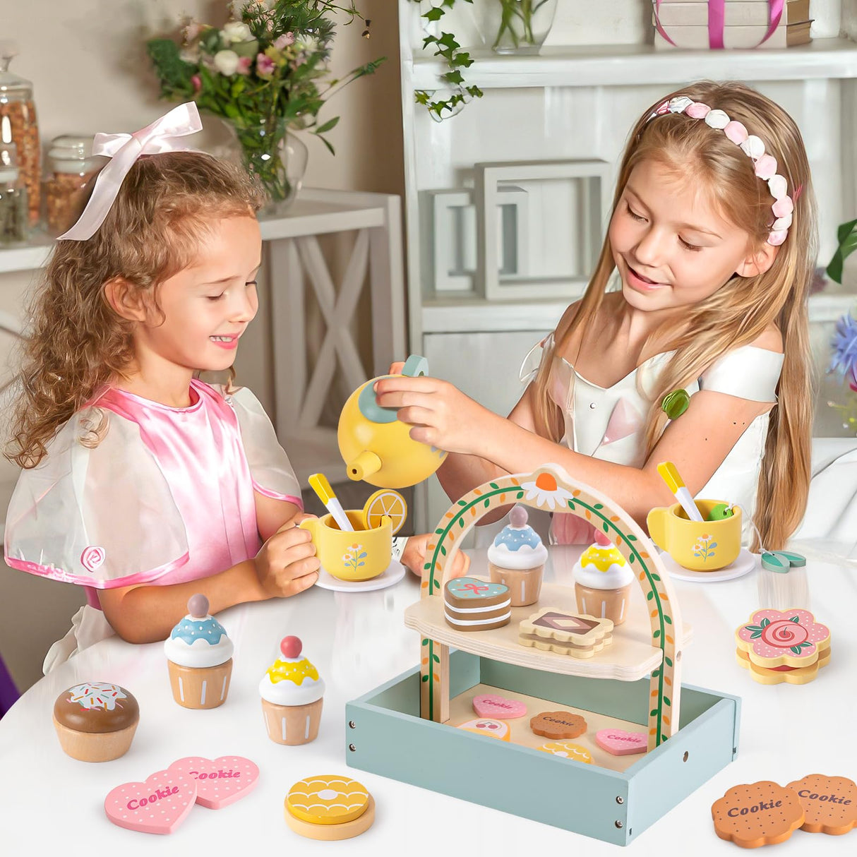 Toyssa Wooden Tea Party Set for Little Girls Toys Toddler Tea Set with Storage Cupcake Stand & Play Kitchen Accessories, Wooden Toys for Toddlers 2 3 4 5 6 Years Old, Birthday Kids Girls Gifts 1-3 Toyssa