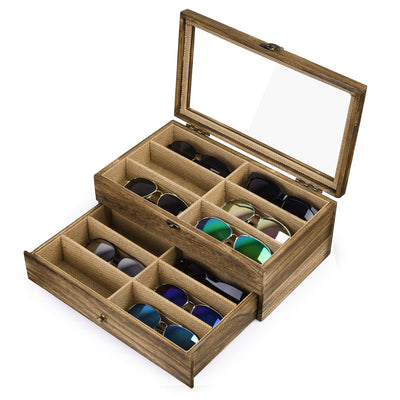 SRIWATANA Sunglasses Case Organizer for Women Men, 12 Slot Wood Eyeglass Eyewear Display Box with Glass Top, Gifts for Loved One, Carbonized Black