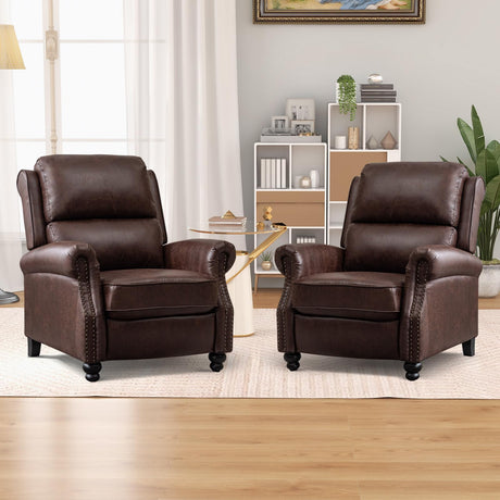 CANMOV Pushback Recliner Chair Set of 2，Leather Armchair Push Back Recliner with Rivet Decoration Single Sofa Accent Chair for Living Room, Reddish Brown CANMOV