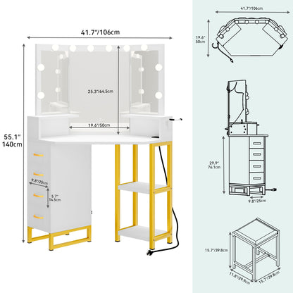 YITAHOME Vanity Desk with Lights, Power Outlet, 3 Color Options, Storage Drawers, Shelves, Stool - White - WoodArtSupply