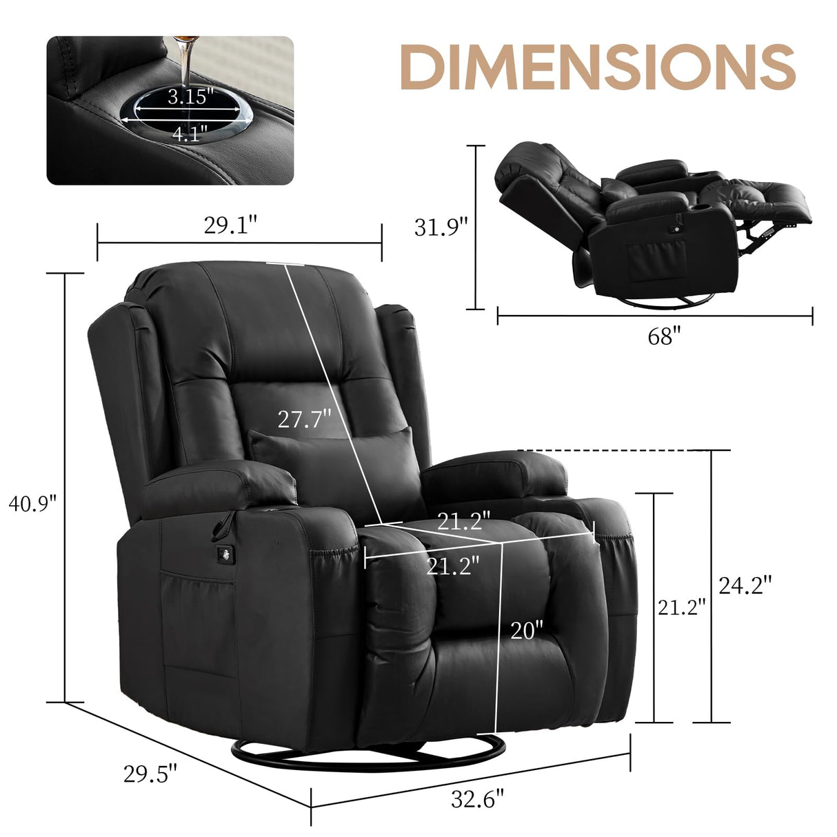 IPKIG Manual Swivel Rocker Recliner Chair with LED Lights, Side Pocket, Cup Holder, Dual-Use Pillow, Faux Leather Glider Rcking Chair Nursery for Living Room, Bedroom, Office, Black IPKIG