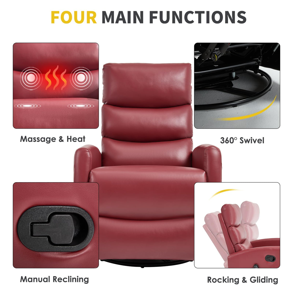 Trustyue Swivel Rocker Recliner Chair, 360° Swivel Recliner with Heat and Massage, Rocker Recliner Easy to Clean Leathery Nursery Glider Recliner Chair with Side Pockets for Living Room Red Trustyue