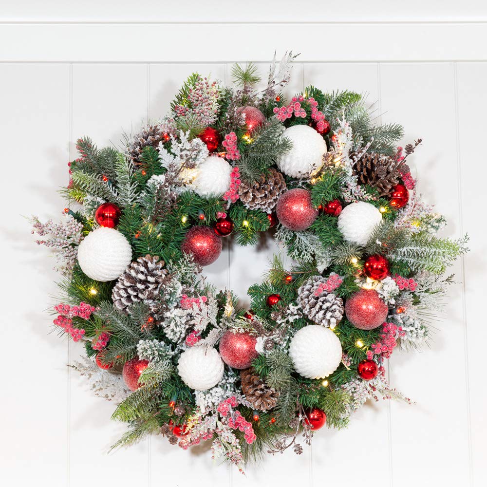 [30 Inch Artificial Christmas Wreath] - Frosted Wonderland Collection - Red White Decoration - Pre Lit with 50 Candy Cane Colored LED Mini Lights - includes Remote Controlled Battery Powered Timer