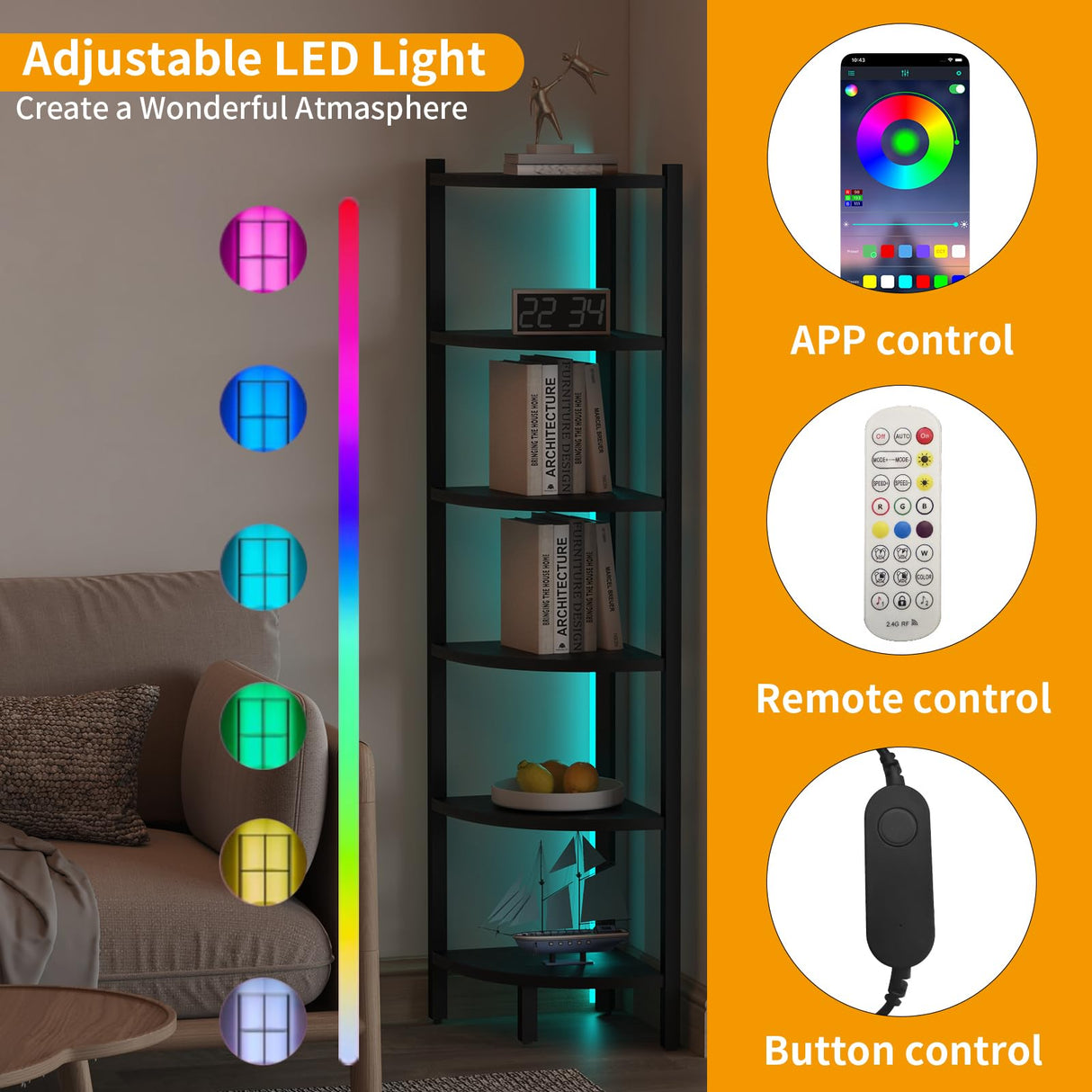 HONGOUZWL Corner Shelf with LED Lights, 6-Tier Corner Bookshelf, 66'' Organizer Book Shelf Shelves Steel Frame Display Stand with Living Room, Bedroom, Study, Black HONGOUZWL
