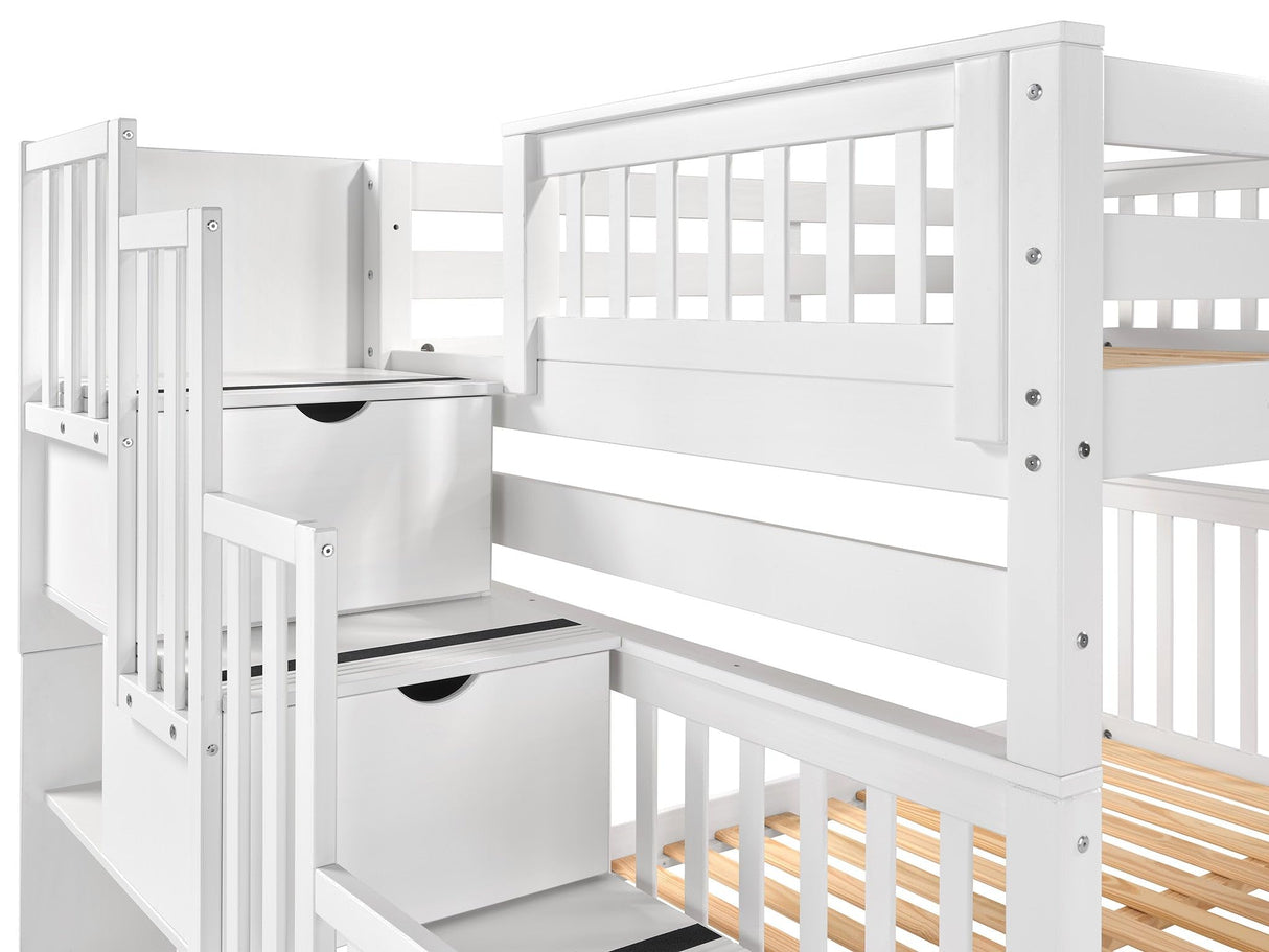 Bedz King Stairway Bunk Beds Full over Full with 4 Drawers in the Steps and a Twin Trundle, White Bedz King