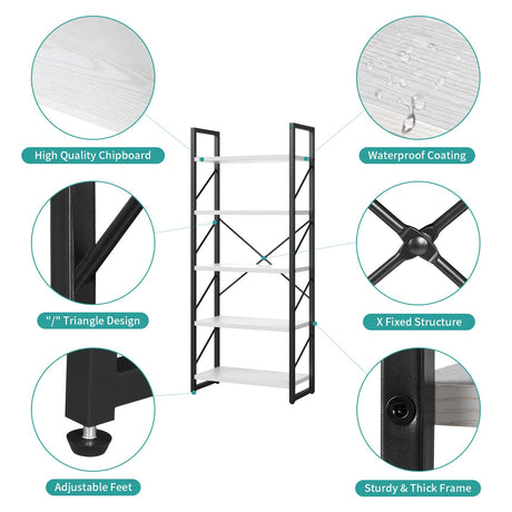 YITAHOME Modern White 5-Tier Bookshelf - Versatile Storage Rack for Home and Office YITAHOME