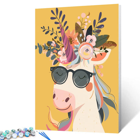Smiling Unicorn Wearing Shades Straw Hat Paint by Number Dreamy Animal Flowers Painting DIY Painting on Canvas with Brushes Paints Paint by Numbers for Adults and Beginner 16x20 Inch（without Frame） Tucocoo