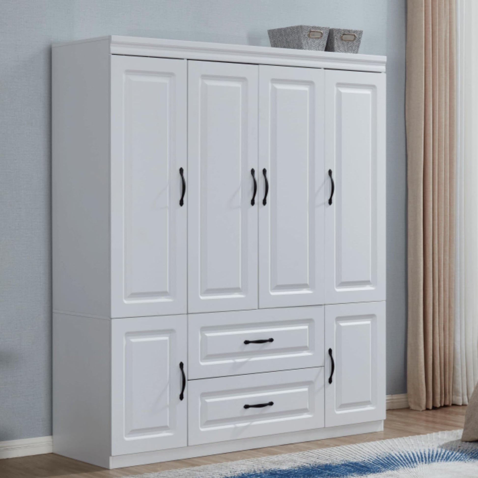 Idealcabin 4 Doors Classic White Large Freestanding Wardrobe Armoire Wooden Closet Cabinet with Hanging Rod & Shelves Bedroom Clothes Storage Bathroom Wood Organizer(20.5" D x 63" W x 74.0" H - WoodArtSupply