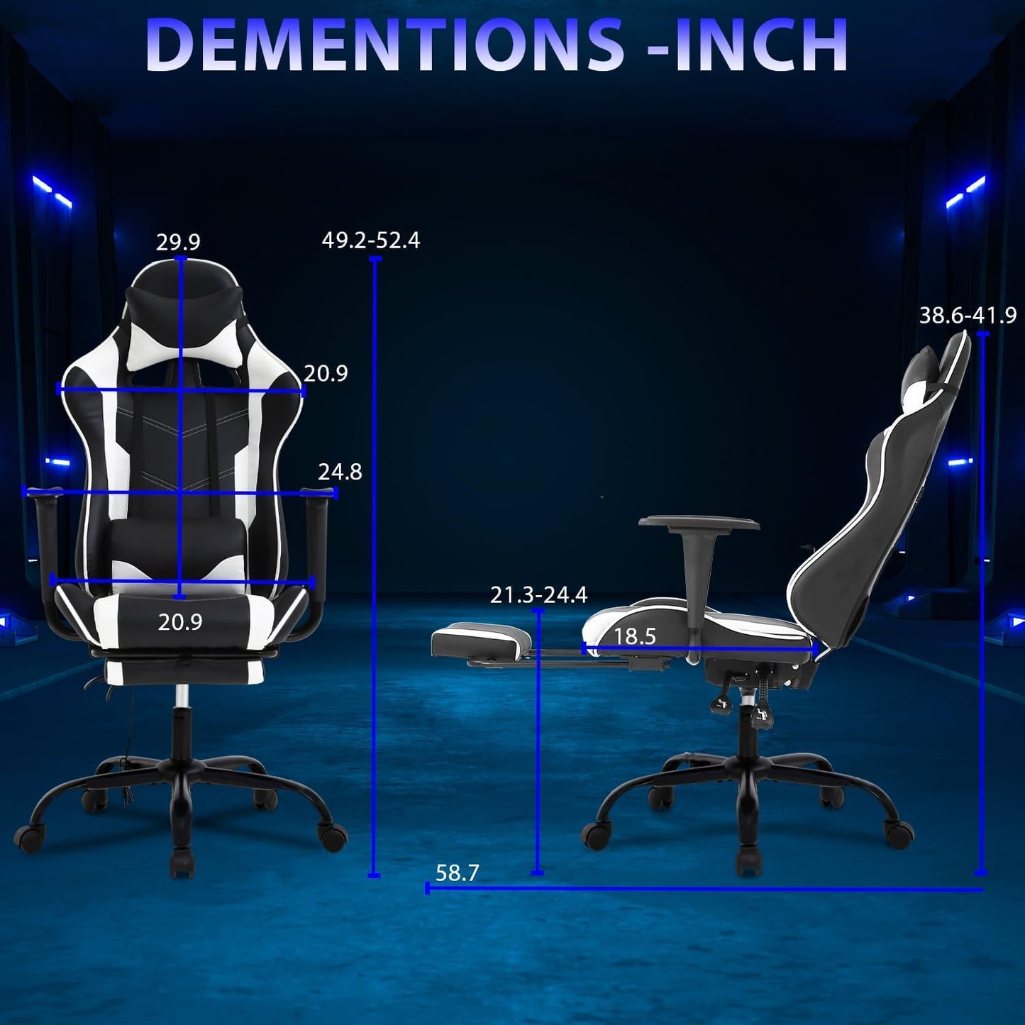 Gaming Chair Computer Chair with Footrest and Massage Lumbar Support, Height Adjustable Game Chair Video Game Chair High Back Reclining Computer Chair with 360°-Swivel Chair for Adults, White