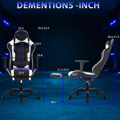 Gaming Chair Computer Chair with Footrest and Massage Lumbar Support, Height Adjustable Game Chair Video Game Chair High Back Reclining Computer Chair with 360°-Swivel Chair for Adults, White