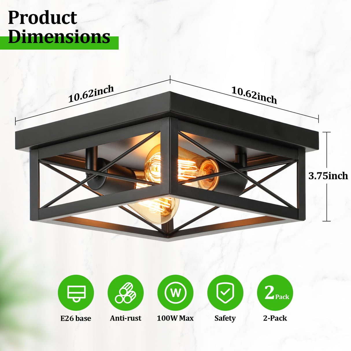 Kondras 2-Light Industrial Square Flush Mount Ceiling Light, Farmhouse Ceiling Light Fixture for Kitchen, Modern Black Close to Ceiling Light for Hallway Bedroom Balcony Porch Stairway, E26, 2-Pack Kondras