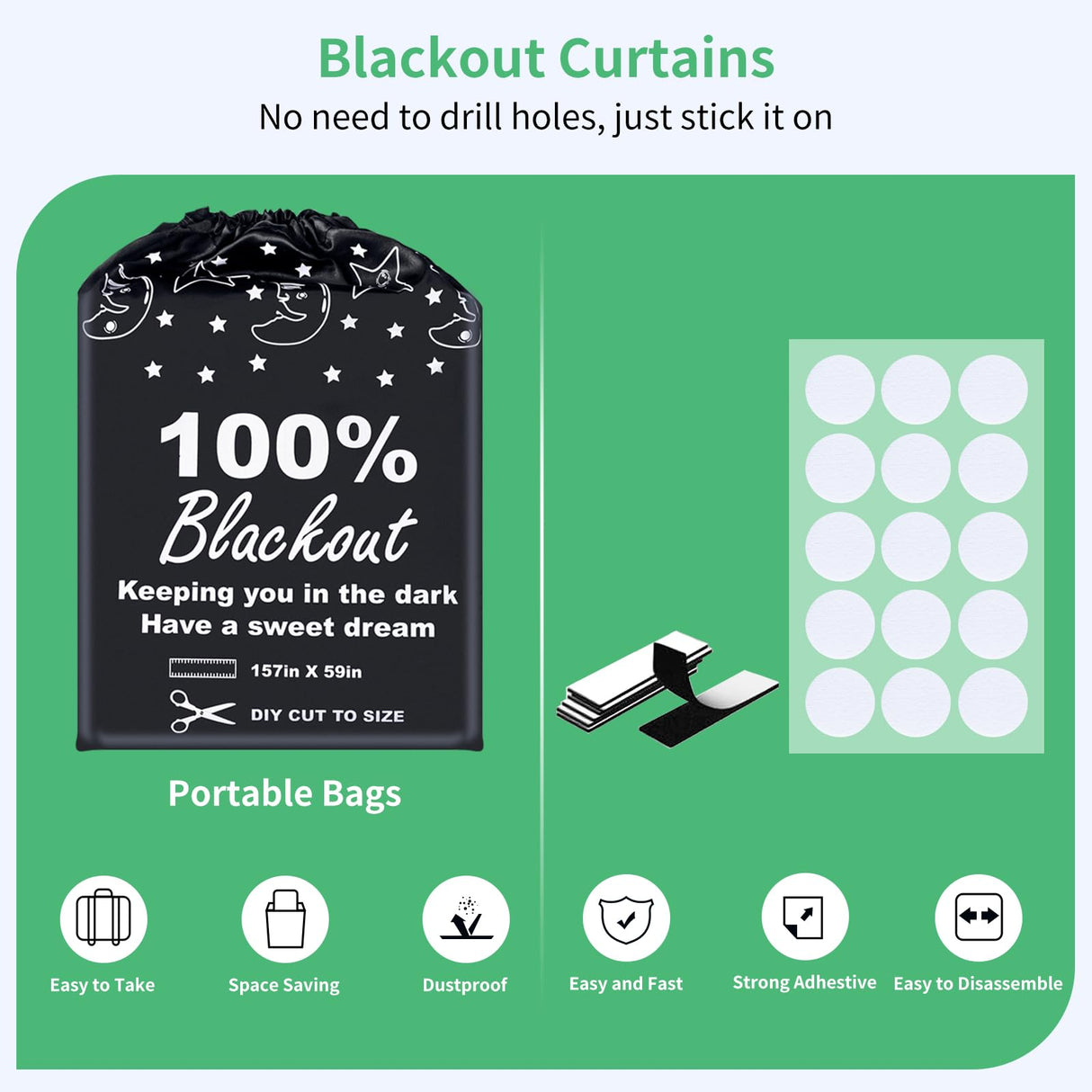 BoxElfos 100% Blackout Blind Curtains Window Cover [157" x 59" XXL] [DIY Cut to Any Size or Shape] [Hook & Loop Tabs][ Portable Bags for Travel] [Light & UV Blocking ] for House,Nursery,Apartment BoxElfos