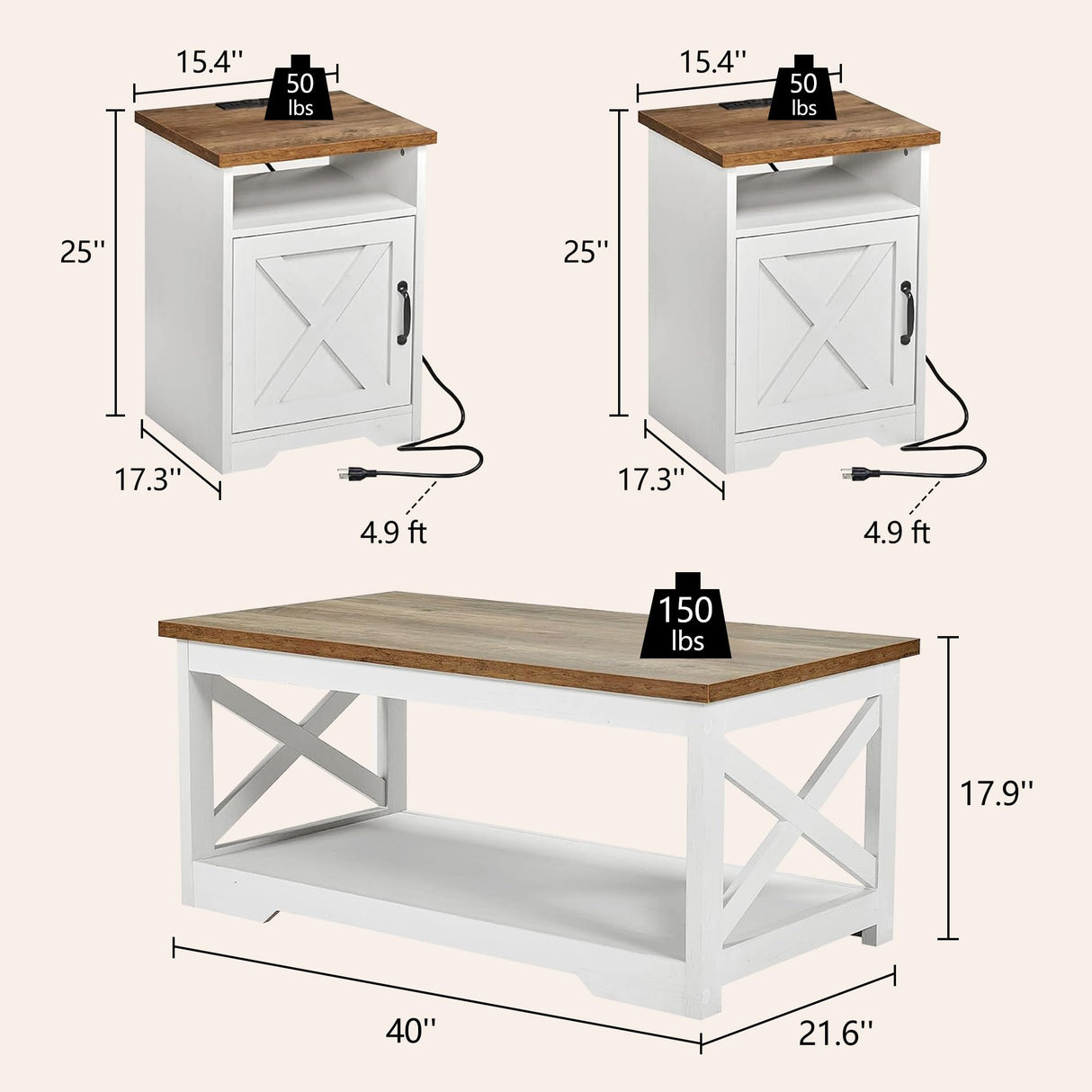 LUXOAK 3-Piece Farmhouse Living Room Table Sets, Includes 1 x Coffee Table, 2 x End Tables with Charging Station & USB Ports, Rustic Coffee Table Set of 3, Distressed White LUXOAK