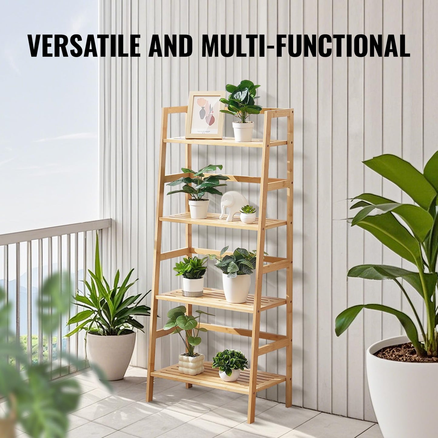 VEVOR 4-Tier Bamboo Ladder Shelf, Trapezoid Open Bookcase, Display Storage Rack Organizer, Freestanding Flower Plant Stand, Ladder Bookshelf Ideal for Bathroom, Bedroom, Office, Study, Natural