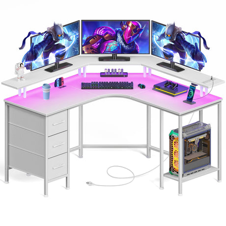Seventable Corner Computer Desk with Power Outlets & LED Lights, 44.6" Small Home Office Desk with 3 Drawers, Reversible Gaming Desk with Storage Shelves, Corner Desk with Monitor Stand, White Seventable