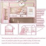 Twin Size House Loft Bed with Stairs and Storage, Heavy-Duty Metal Princess Loft Bed Frame with Storage Box and Safety Rail for Girls Kids Teens, Pink Bellemave