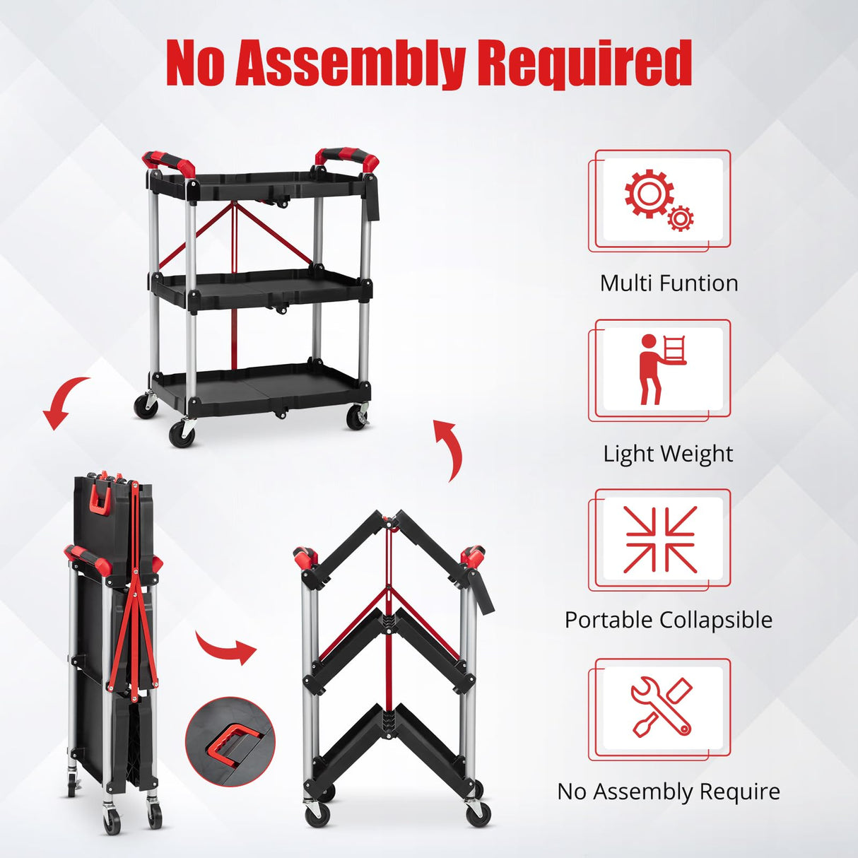 Collapsible Cart with Wheels, Service Cart, Rolling Carts with Wheels Foldable, 3 Tier Rolling Utility Cart, Folding Utility Shopping Cart for Bar, Kitchen, Office, Shopping, Garage PioneerWorks