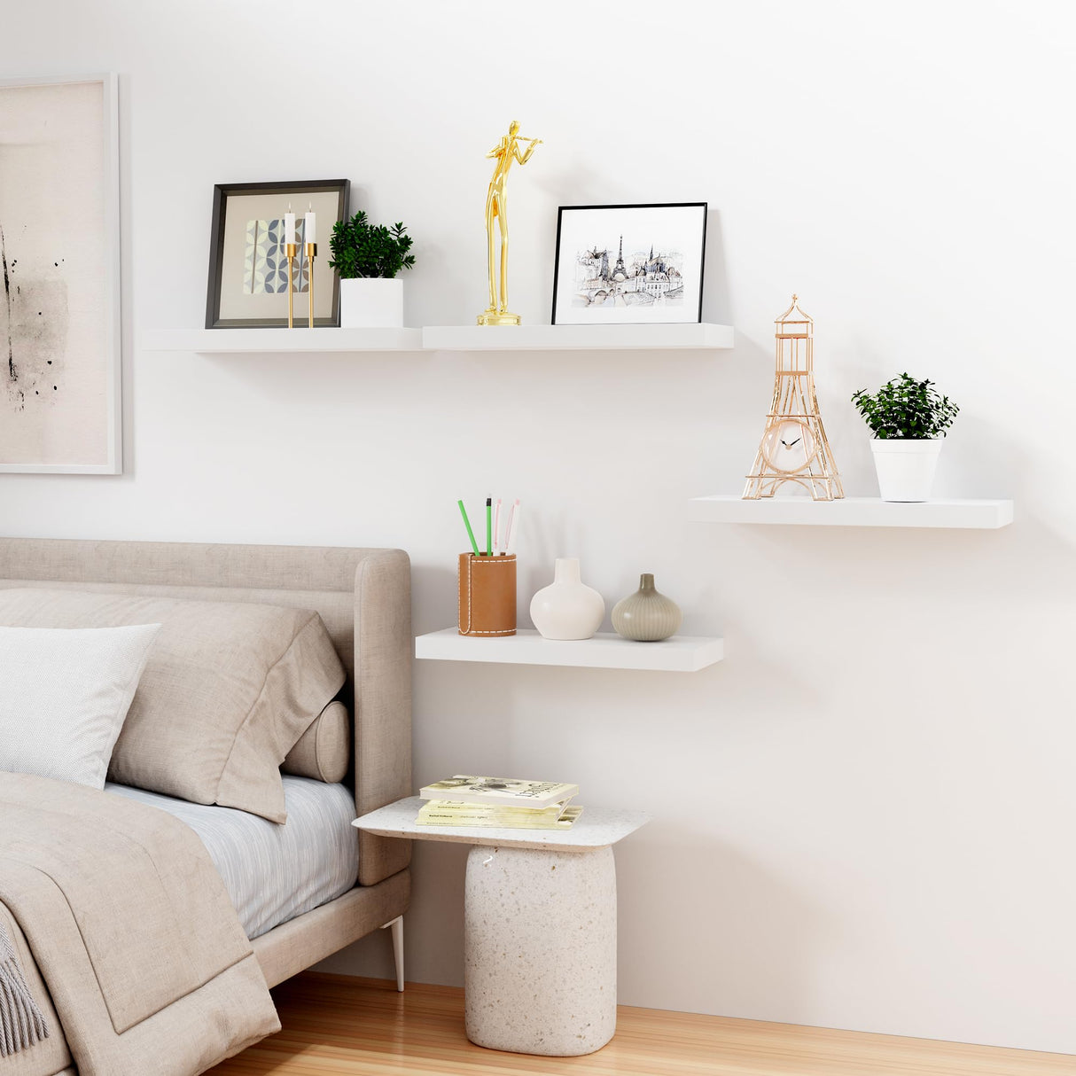 Bellsal Floating Shelves for Wall, White Engineered Wood Wall Shelf Set of 4, 16" Wall Mounted Floating Shelf for Kitchen, Living Room, Bedroom, Bathroom Storage, Book Shelf for Walls Home Decor Bellsal