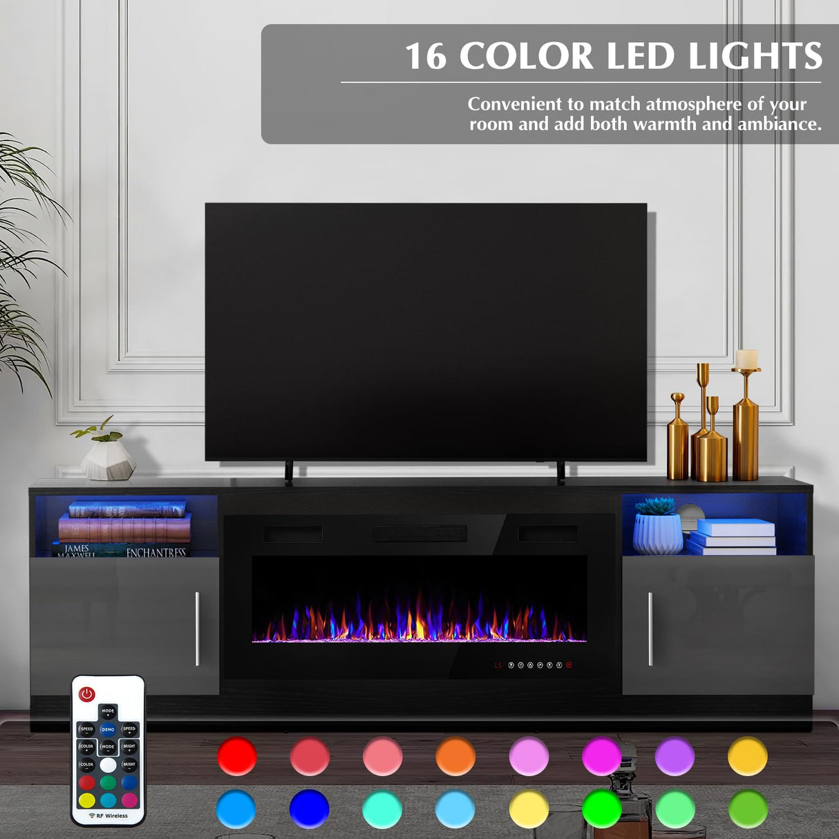 LEMBERI Fireplace tv Stand with 36 inch Fireplace Up to 80" TVs,LED Light Entertainment Center and Storage, 70" Modern Wood Media TV Console with Highlight Cabinet for Living Room (Black) LEMBERI