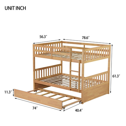 WIILAYOK Full Over Full Bunk Bed with Trundle, Convertible to 2 Platform Bed, Solid Wood Bunk Bed with Ladder and Safety Rails for Teens, Adults, Natural