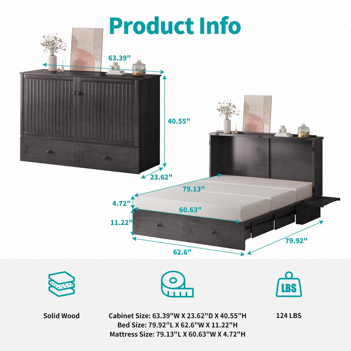 BALUS Murphy Cabinet Bed, Queen Size Cabinet Chest Bed with USB Charging Station, Tri-Fold Mattress, 2 Storage Drawers Modern Convertible Wooden Wall Beds for Apartment Bedroom - Dark Grey BALUS