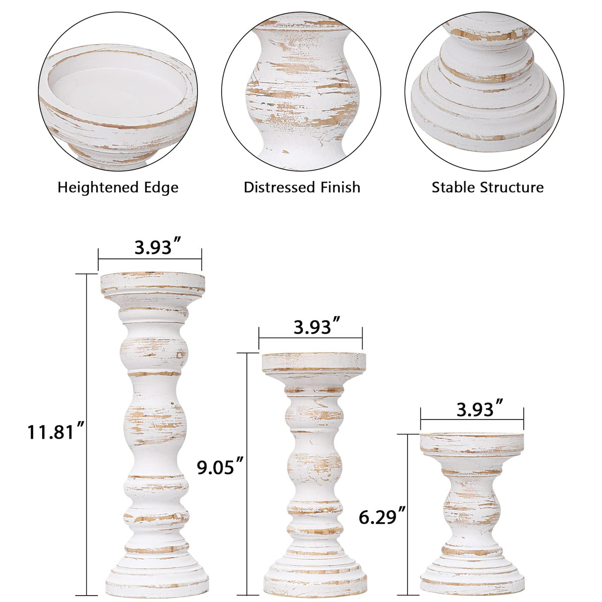 SwallowLiving Rustic Farmhouse Wood Pillar Candle Holder Set of 3 for Candlestick, White SwallowLiving