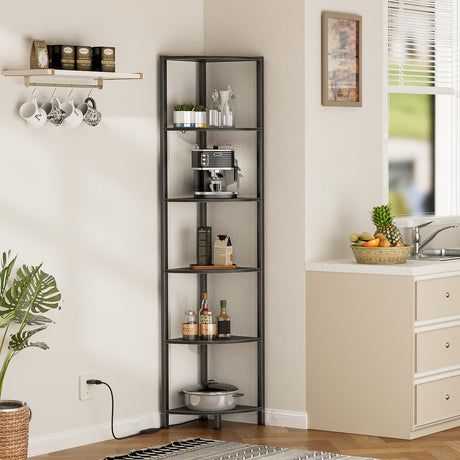 Furnulem 6 Tier LED Corner Shelf - 67.5” Tall Black Oak Storage and Display Unit Furnulem