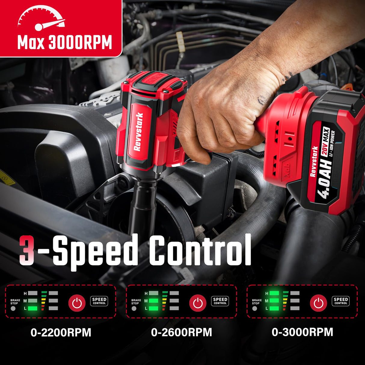 Revvstark Impact Wrench, Max Torque 480 Ft-lbs / 650N.m Cordless 1/2 Impact Driver, 20V 3000RPM Power Impact Gun with 4.0Ah Li-ion Battery and 1.5H Fast Charger, 5 Pcs Impact Sockets Included Revvstark