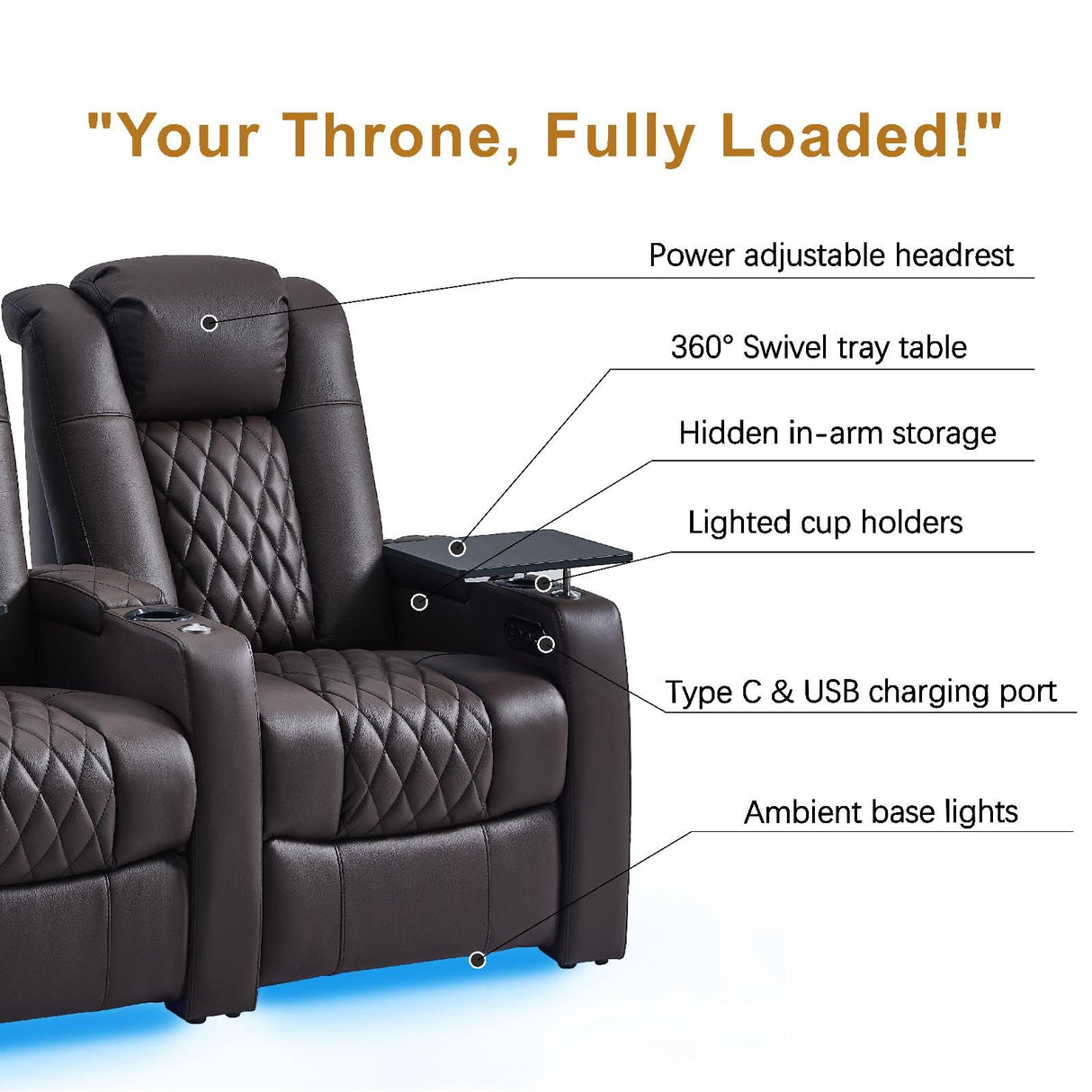comfiroom Home Theater Seating seats Classic Series Top Grain Nappa Leather Recliner Chair Dual Power Movie Theater Chairs Gaming Sofa Electric Headrest with Tray Table Type-C Charger(BROWN, Row of 3) comfiroom