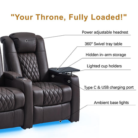 comfiroom Home Theater Seating seats Classic Series Top Grain Nappa Leather Recliner Chair Dual Power Movie Theater Chairs Gaming Sofa Electric Headrest with Tray Table Type-C Charger(BROWN, Row of 3) comfiroom