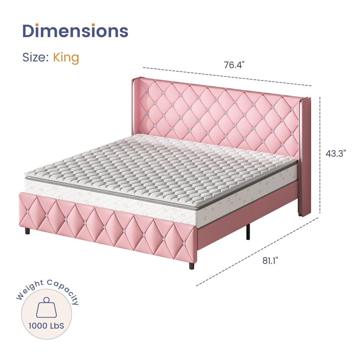 HOMBCK King Upholstered Bed Frame with Headboard, Faux Leather Platform Bed with Wingback Design, Modern Diamond Bed Frame with Tufted Deep Button, No Box Spring Needed, Easy Assembly, Pink HOMBCK