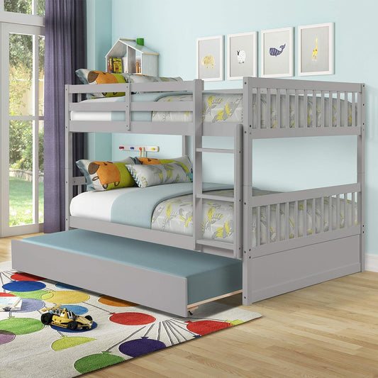 WIILAYOK Full Over Full Bunk Bed with Trundle, Convertible to 2 Full Size Platform Bed, Full Size Bunk Bed with Ladder and Safety Rails for Teens, Adults, Grey