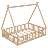 MERITLINE Natural Full Size Montessori Floor Bed with Teepee Design and Fence Rails for Kids MERITLINE