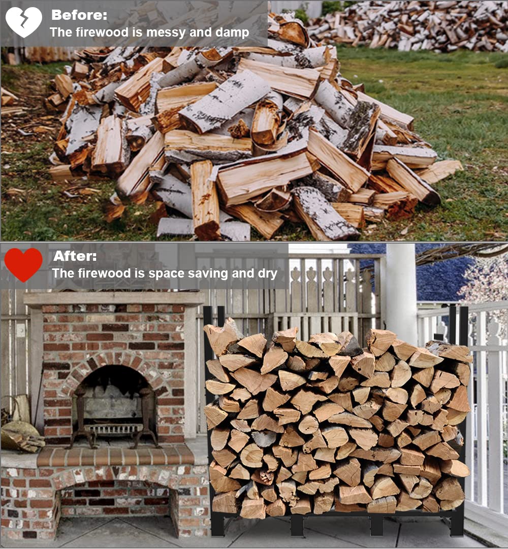 Khordin 4ft Firewood Rack Adjustable Heavy Duty Fire Wood Stand Holder for Outdoor Indoor Fireplace Log Storage, Metal Lumber Stacker Organizer, Black Khordin