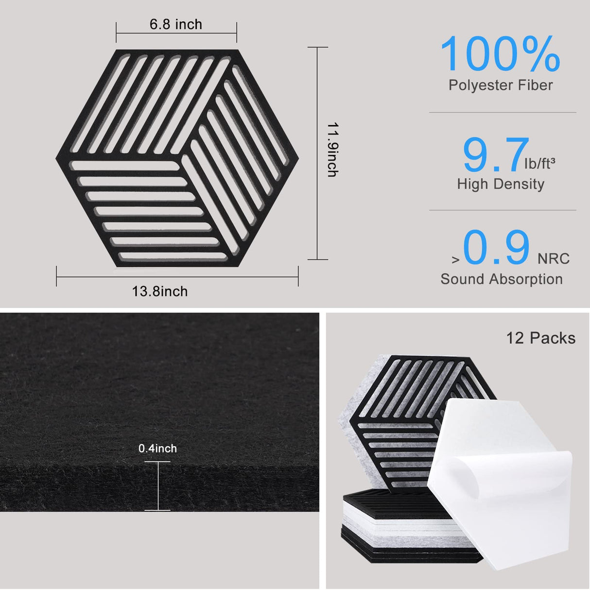 12 Pack Self-adhesive Acoustic Panels, Hexagon Sound Dampening Panels, 14 X 12 X 0.4 In Sound Proof Panels for Walls, High Density Flame Resistant Sound Absorbing Padding for Recording Studio, Office Necmuaih