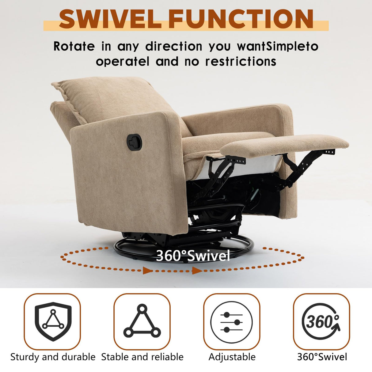 Rocker Recliner Chair for Adults, Swivel Rocker Recliner Chairs with Armrests, Glider Recliner Nursery Chair with Black Metal Base, Small Recliners for Small Spaces, Living Room (Camel) Anwick