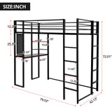 JINS&VICO Twin Size Loft Bed with Desk and Shelves, Metal Loft Bed Frame with 2 Built-in Ladders, Guardrail, Loft Bed for Juniors, Adults, Noise-Free & No Box Spring Needed, Black JINS&VICO