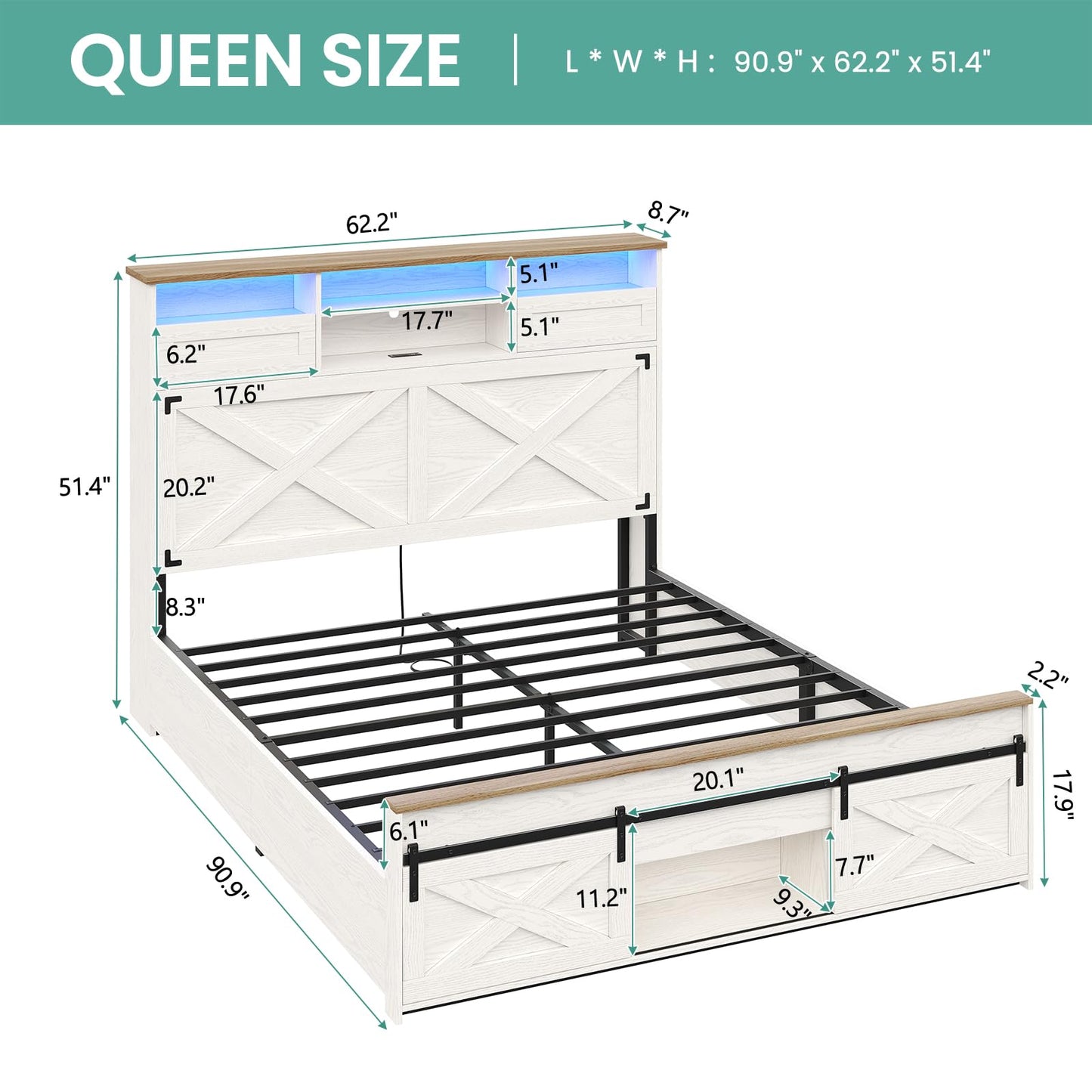 Hasuit Farmhouse Bed Frame Queen Size with LED Lights and Charging Station, 51.4" High Headboard with Storage Shelves and Rustic Country Queen Bed with Sliding Barn Door Storage Footboard, Wh - WoodArtSupply