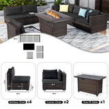 GREZJXC 7 Pieces Outdoor Sectional Patio Furniture Set with Fire Pit Table PE Rattan Wicker Patio Sectional Conversation Set with Cushion Black GREZJXC