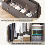 3 Door Wardrobe Closet with Mirror & LED Lights, Bedroom Armoire with Drawers & Shelves, Farmhouse Wooden Armoire Wardrobe Closet with Hanging Rod for Bedroom, Brown jiteentarou