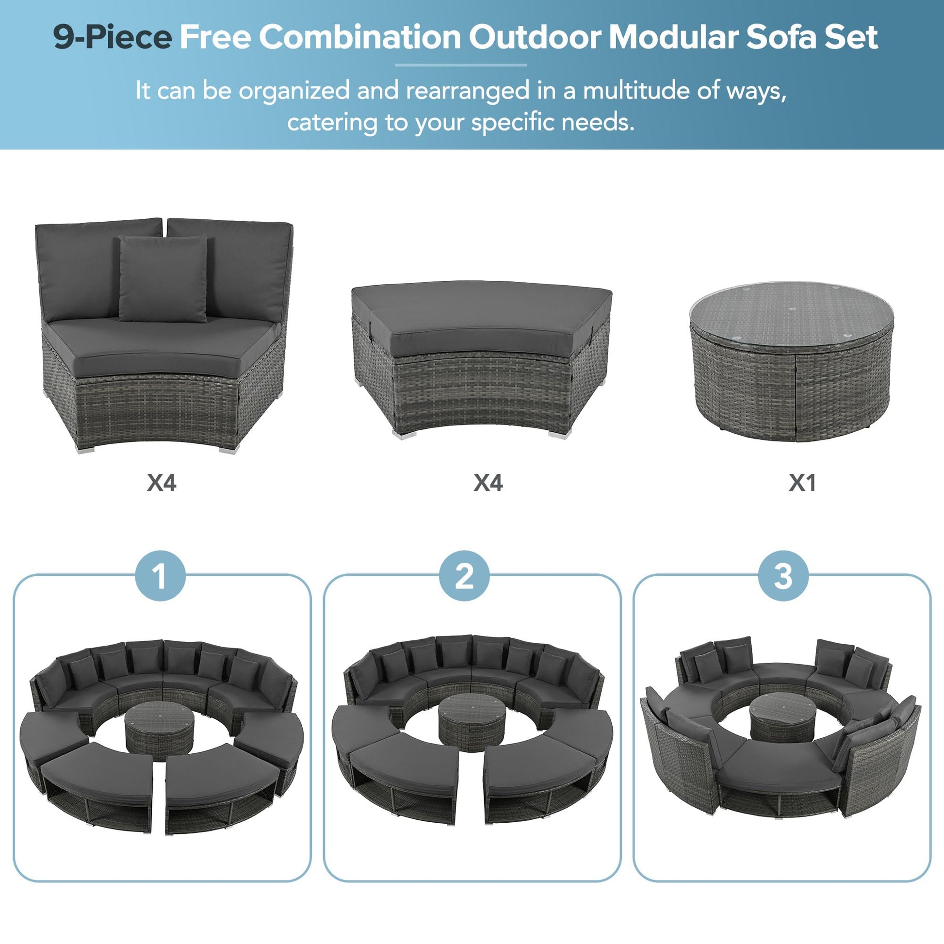 Merax 9-Pieces Outdoor Wicker Patio Conversation Furniture Set with Glass Table and 6 Pillows, Circular Sectional Sofa Conversation Set,Outdoor Patio Seating Sofas Set Grey - WoodArtSupply