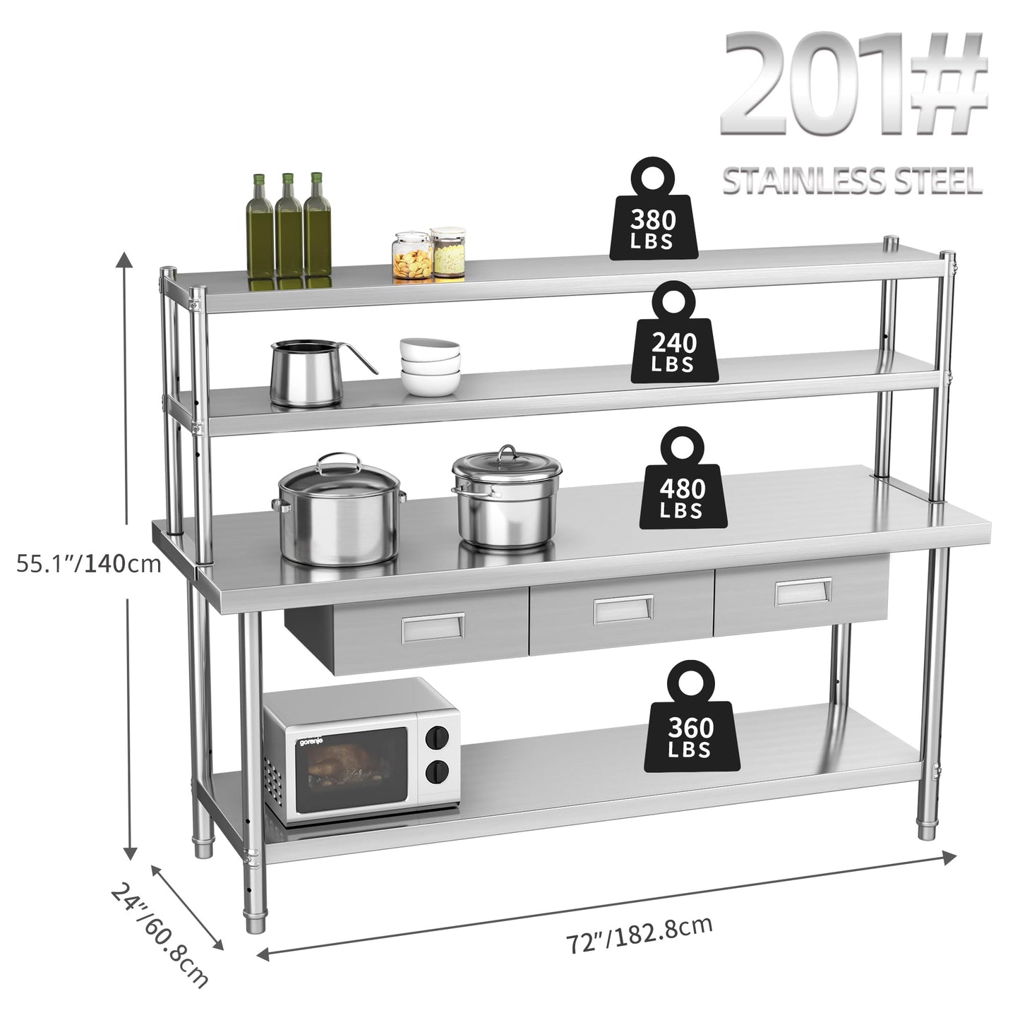 YITAHOME Stainless Steel Table with Overshelves & Drawers, 72" X 24" Work Table with 72" X 12" Shelf & 3 Drawers, Metal Table Prep Table - WoodArtSupply