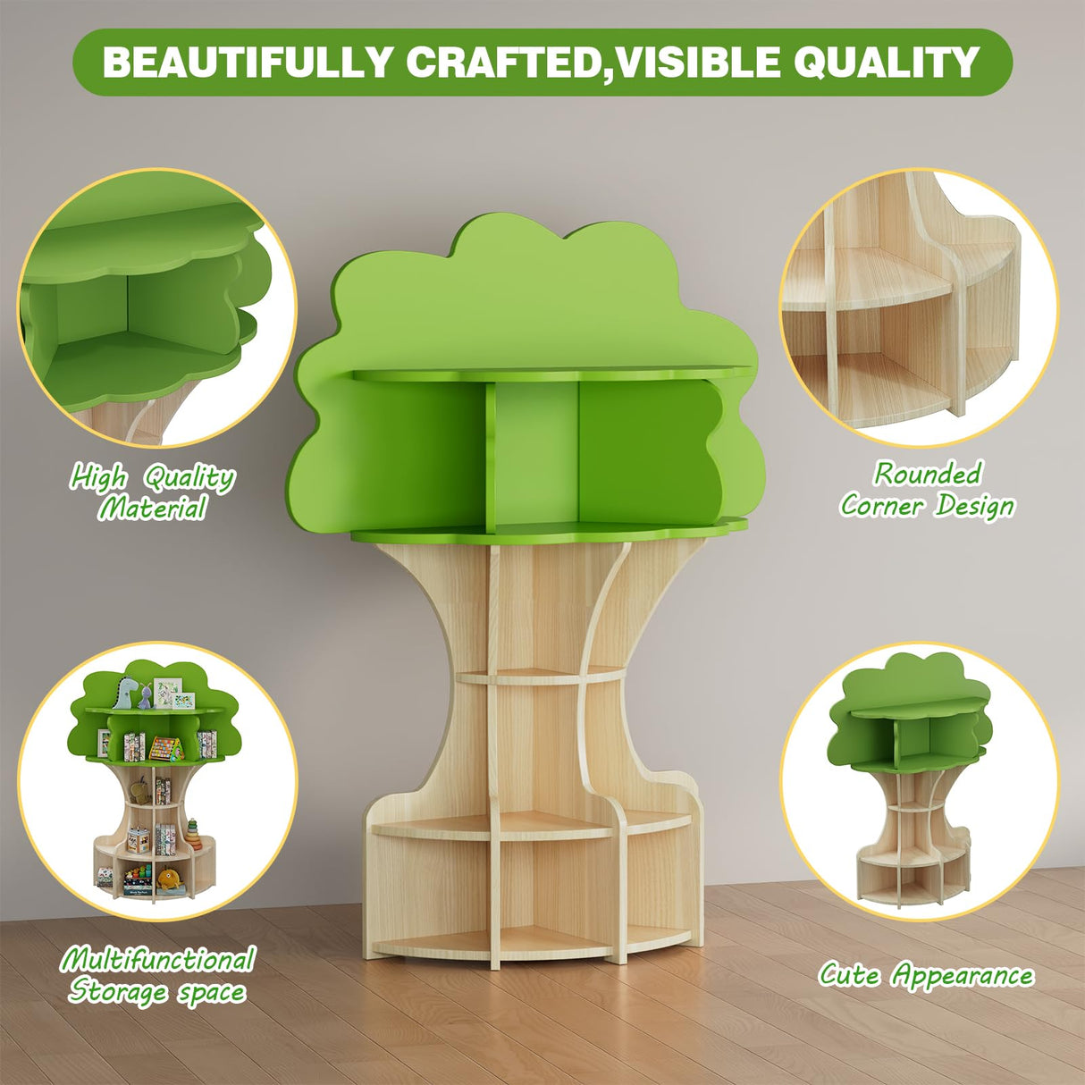 RUPOLX 5-Tier Tree Kids Bookshelf, Toddler Montessori Shelf Book Rack, Toy and Book Storage for Kids, Wooden Children's Bookcase, Toy Storage Organizer for Preschool, Kid Room, Playroom, Nursery-002 RUPOLX
